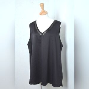 Love & Legend | Black v neck sleevless womens blouse & gold metal accent